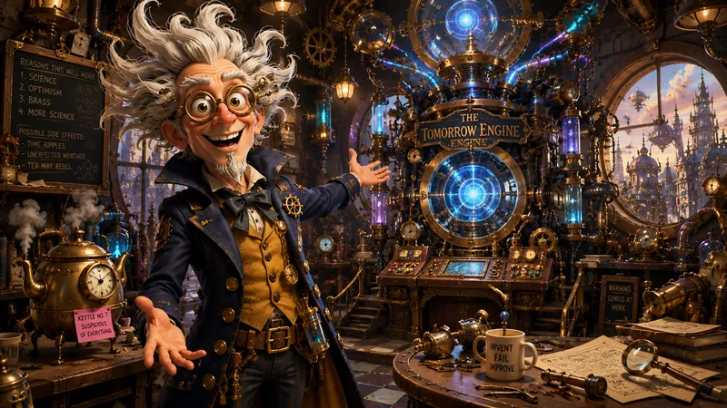 Professor Vex gestures toward glowing brass machinery labeled The Tomorrow Engine in his cluttered workshop.