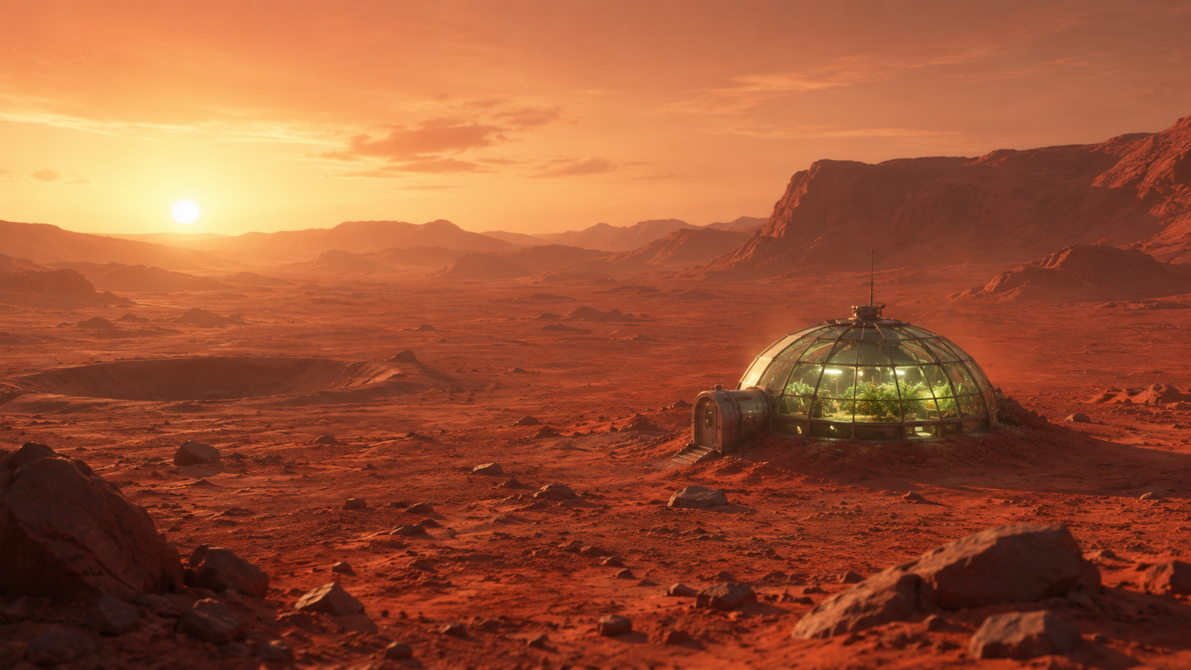 A geodesic greenhouse glows with jungle greens on rust-red regolith under a peach Martian dusk.